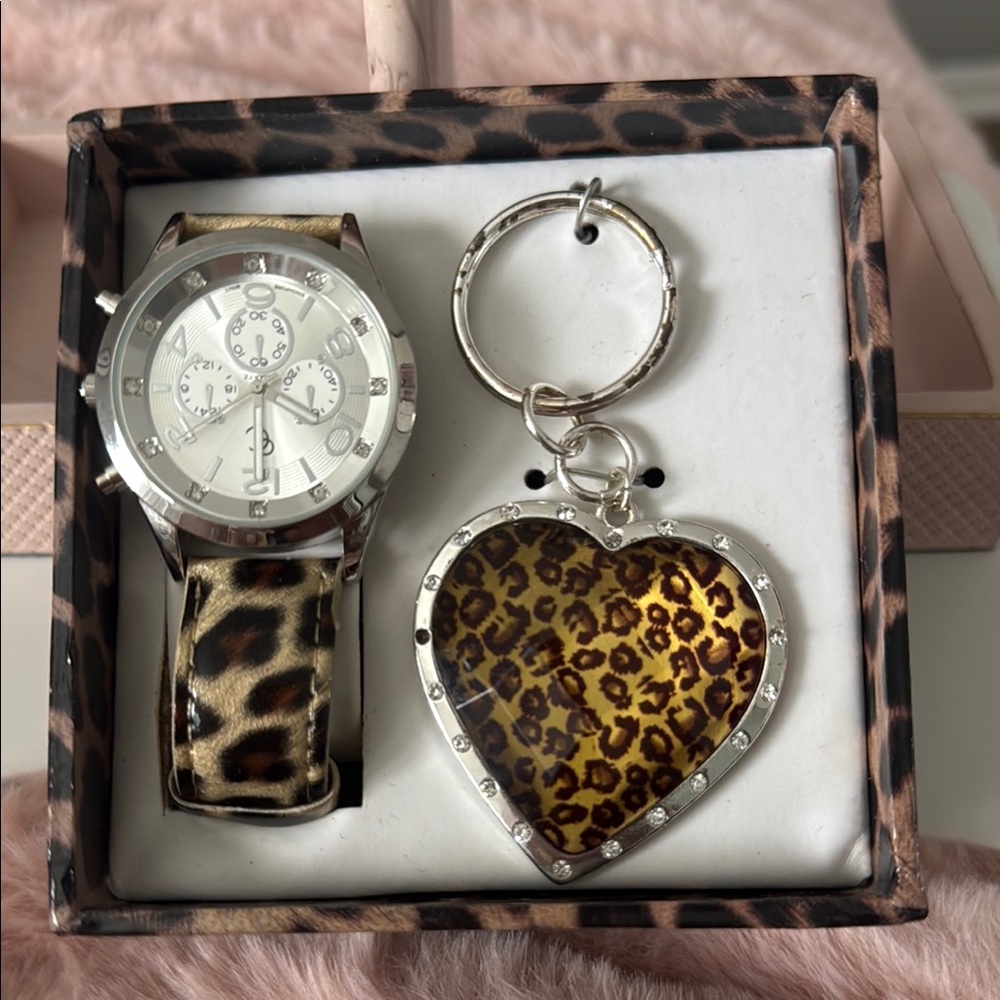 Leopard Print Watch & Heart Keychain Gift Set